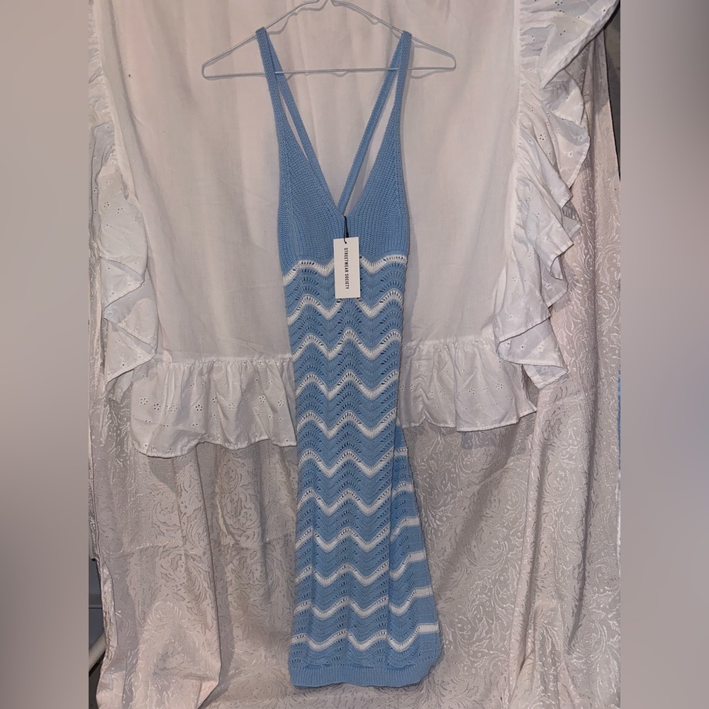 Crochet blue and white dress w/ spaghetti straps